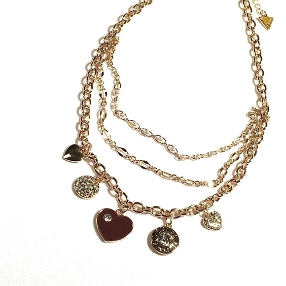 𝅺3/$29! GUESS Long Statement Charm Necklace Hearts - Picture 4 of 8